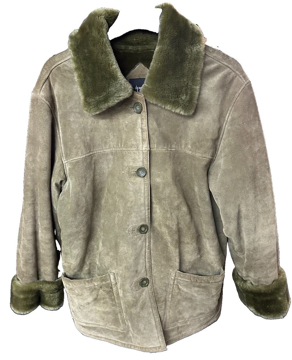 Dennis by Dennis Basso Olive Green Suede Leather Coat Faux Fur Collar Large Boho